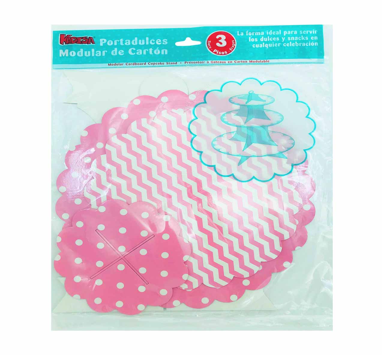 50404 Portadulces Modular de Cartón 3 Pisos Lunares Y Rayas Rosa Pastel Reversible 1U - Imagen 4